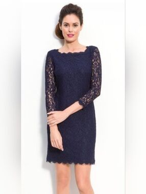 Adrianna Papell Navy Blue Lace Sheath Dress